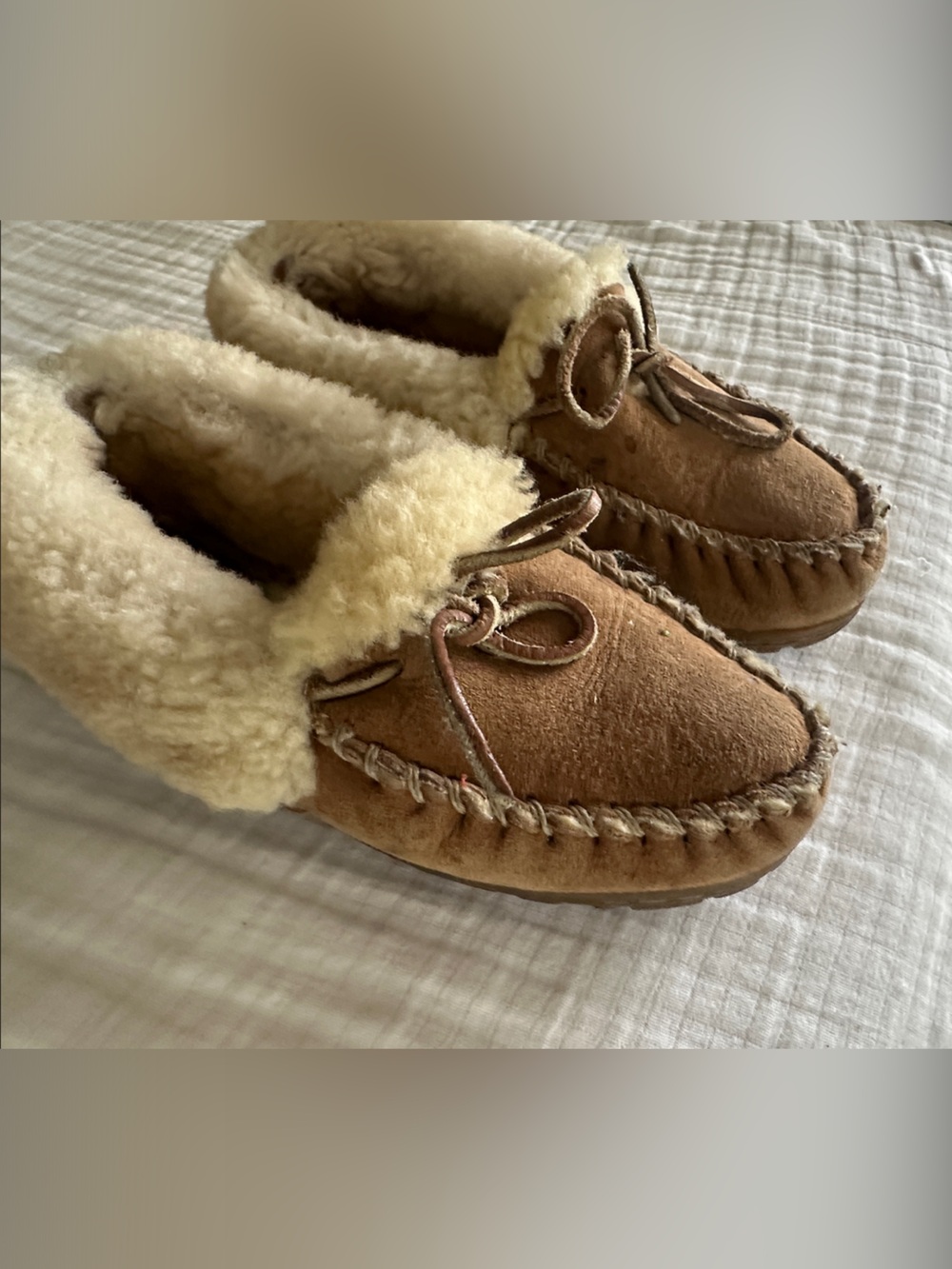 L.L. Bean Women's Suede Moccasin Slippers with Shearling Lining - Chestnut